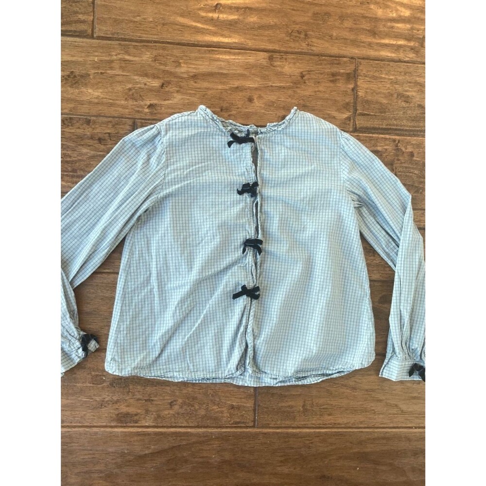 Zara Girls 11-12 Blue Textured Plaid Button Down Long Sleeve Velvet Bows
